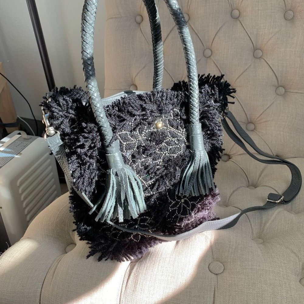 IBBAN handmade boho Wool leather crossbody bag gray black